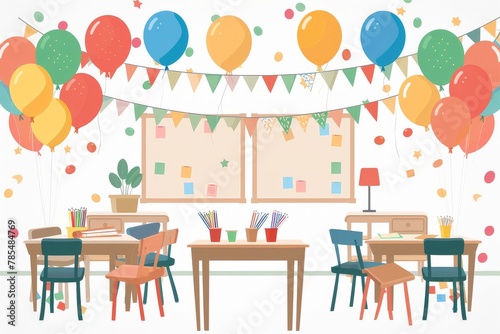 A classroom adorned with colorful banners and balloons to honor teachers on Teacher Appreciation Day.