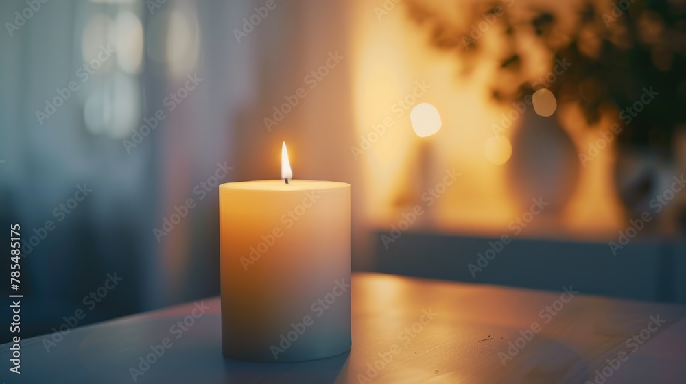 White candles on the table at home. Background with a free place for text. Concept of home, spa, relaxation, meditation or decoration White candles on the table at home. Background with a free place for text. Concept of home, spa, relaxation, meditation or decoration