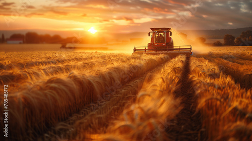 Grain harvester in a golden wheat field