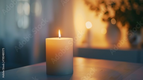 White candles on the table at home. Background with a free place for text. Concept of home, spa, relaxation, meditation or decoration photo