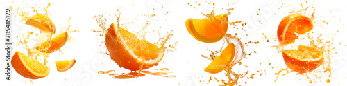 Set of oranges exploding and bursting into pieces with juice splatters in different directions, isolated on a white or transparent background. Fruit explosion, orange juice splashes, side view.