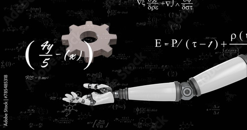 Image of cog and robot's arm over mathematical data processing