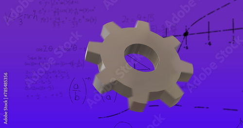 Image of grey cog over mathematical data processing