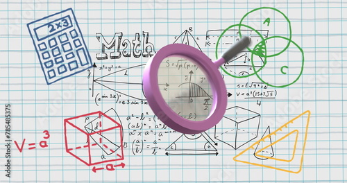 Image of magnifying glass over mathematical data processing