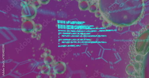 Image of chemical formula over bubbles on purple background photo