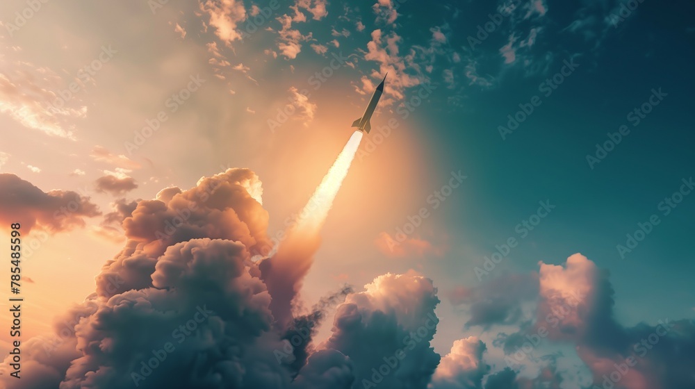 Obraz premium Missile flying through sky. Leaving behind trail of smoke