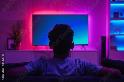 Display mockup from a shoulder angle of a teen boy in front of an smart-tv with an entirely neon screen