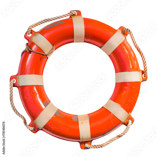 A lifebuoy isolated on a white or transparent background. Close-up of an orange lifebuoy. Graphic design element on the theme of water safety.