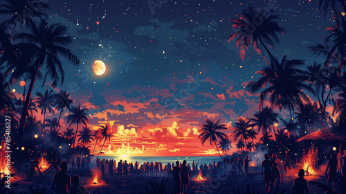 illustration of a bustling beach party scene, with lively music and beach bonfires © kura