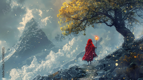 The girl in red hood with magic torch walking on mountains photo
