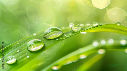  raindrops on the edge of a green leaf,  water drops on fresh bamboo leaves