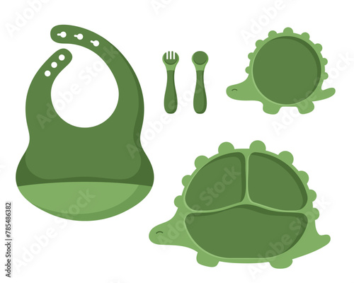 Vector illustration of kid tableware set, colorful children dish in the shape of a dinosaur isolated on white background in flat style.