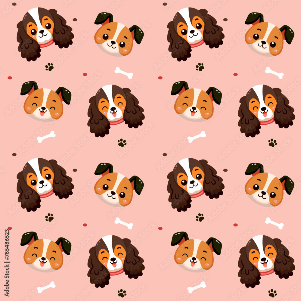 Obraz premium Cute dogs pattern with different smile face dog, funny adorable dog or fluffy puppy, doodle pet friend. Vector illustration in flat style for sticker, print.