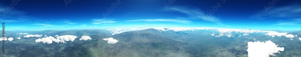 Obraz premium Panorama of hilly landscape, panorama of mountains, landscape of hills and clouds on blue sky, 3D rendering