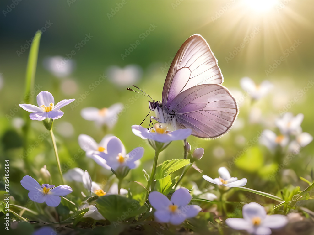 Naklejka premium Butterfly on wild white violet flowers in grass in rays of sunlight
