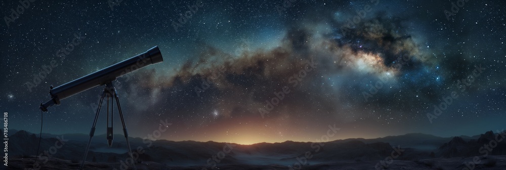 Majestic panorama of the Milky Way galaxy with a telescope silhouetted against the night sky - obrazy, fototapety, plakaty 