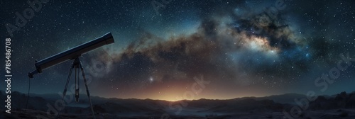 Majestic panorama of the Milky Way galaxy with a telescope silhouetted against the night sky photo