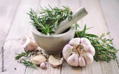 Garlic with mortar and pestle on a wooden background.