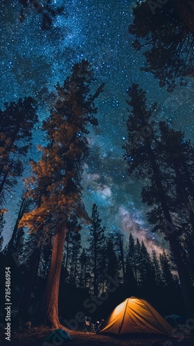 Camping under the stars in a national park  natural beauty  tranquil  starry night