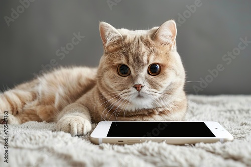 Cat  laying and looking at smartphone,  blogger, pet influencer, petfluencer  concept © Alexandra