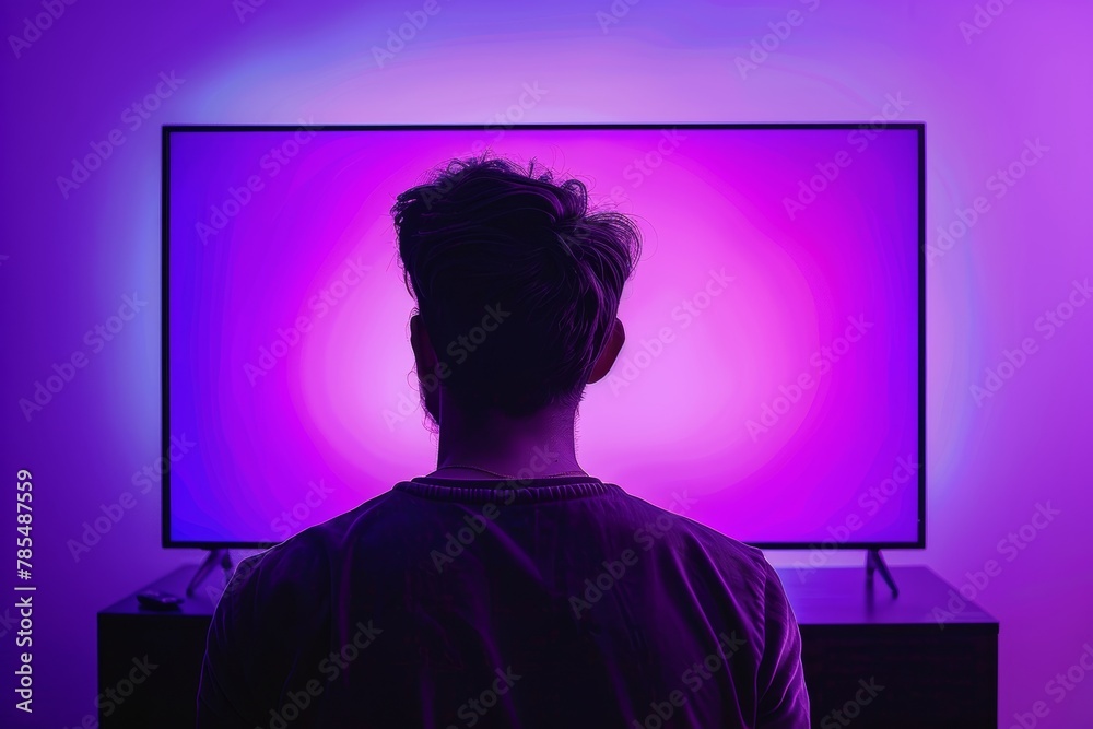 Display mockup from a shoulder angle of a adult man in front of an smart-tv with an entirely purple screen Display mockup from a shoulder angle of a adult man in front of an smart-tv with an entirely purple screen