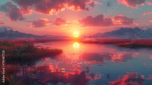 Marvel at the breathtaking beauty of an AI-rendered sunset  where hues of orange and pink streak across the sky  painting a picture of tranquility and serenity that transcends the digital realm.