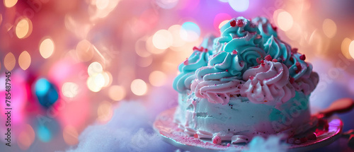 Festive birthday pink and blue rainbow cake on the festive table