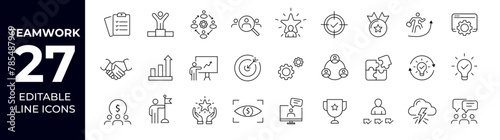 Teamwork outline icons. Includes Team, Cooperation, Vision, Motivation, Success,