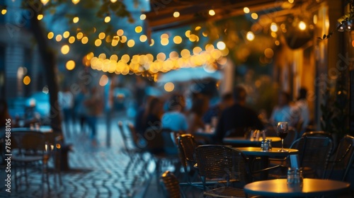 Leisure, travel, vacation concept. Bokeh background of street bar or restaurant outdoor. People sitting and chill, hang out, taking dinner and listen music photo