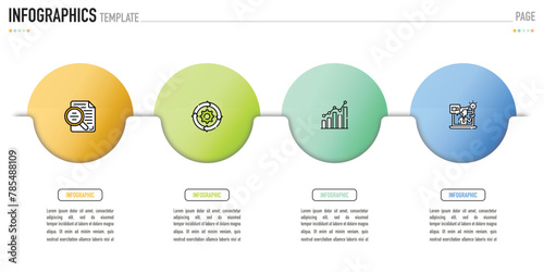 Circular infographic template or element with 4 step, process, option, colorful 3D circle, tag, button, label, icons, row, bar, funnel, fishbone, paper, origami for sale slide, web, flowchart