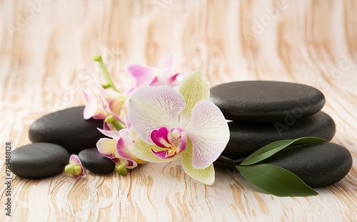 Spa stones, orchid flower heads on a wooden background