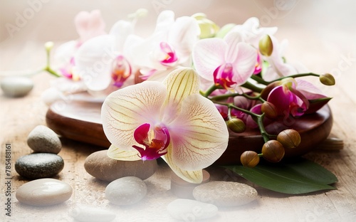 Spa stones  orchid flower heads on a wooden background