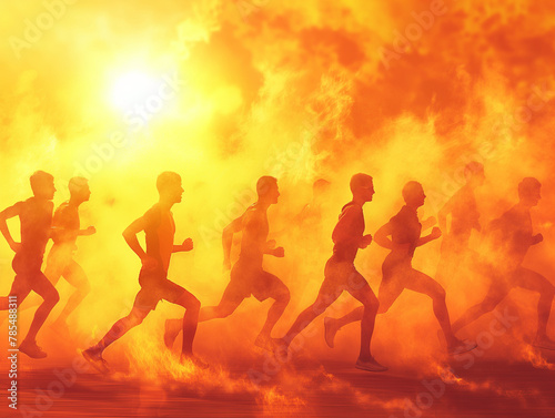 Silhouettes of multiple marathon runners racing with determination against a backdrop of an intense, fiery sunset, evoking a sense of energy and passion. 