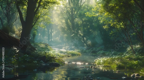   A tranquil forest glade illuminated by shafts of sunlight filtering through the trees  with a gentle stream babbling in the background
