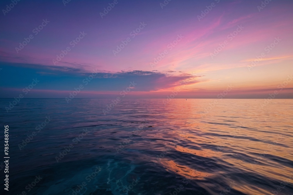 sunset with glowing pink and purple horizon on calm ocean seascape background