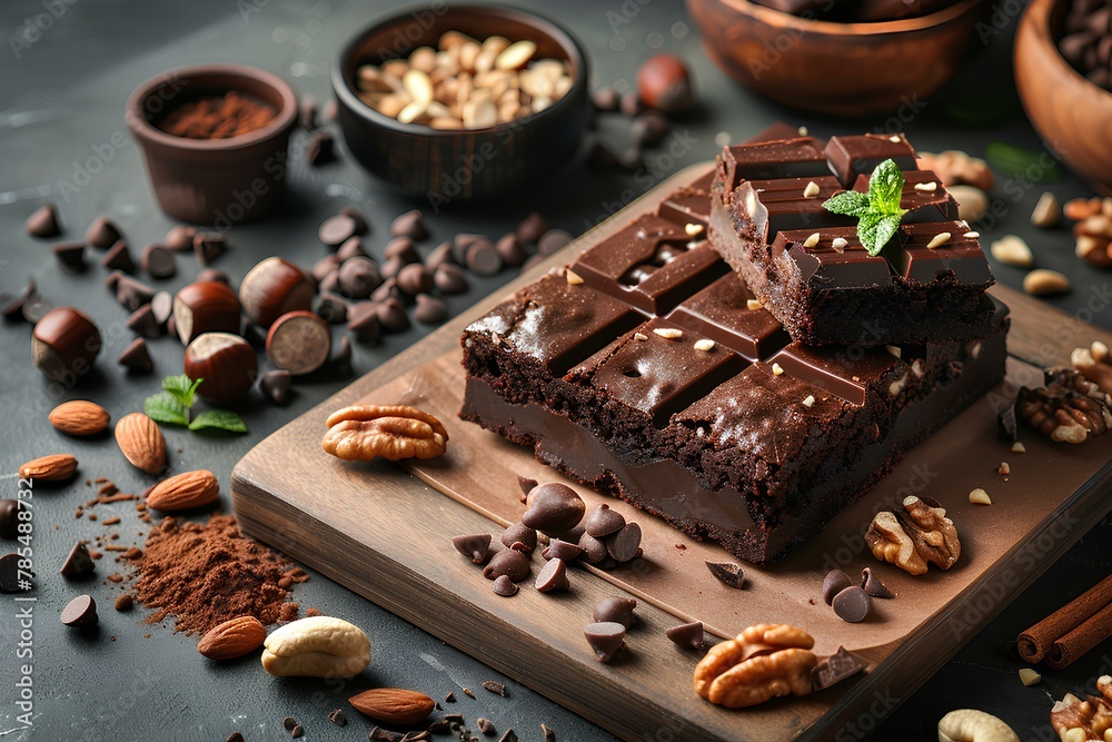 A wooden cutting board topped with chocolate and nuts next to bowls of nuts and chocolate chips and