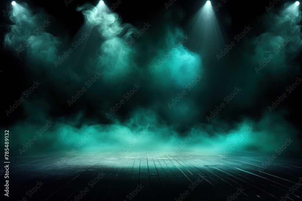 Turquoise stage background, turquoise spotlight light effects, dark atmosphere, smoke and mist, simple stage background, stage lighting, spotlights