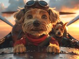 3D cartoon children and a dog in an open cockpit plane, adventure, sunset background