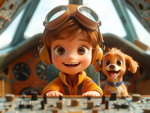 3D cartoon children and a dog in an open cockpit plane, adventure, sunset background photo