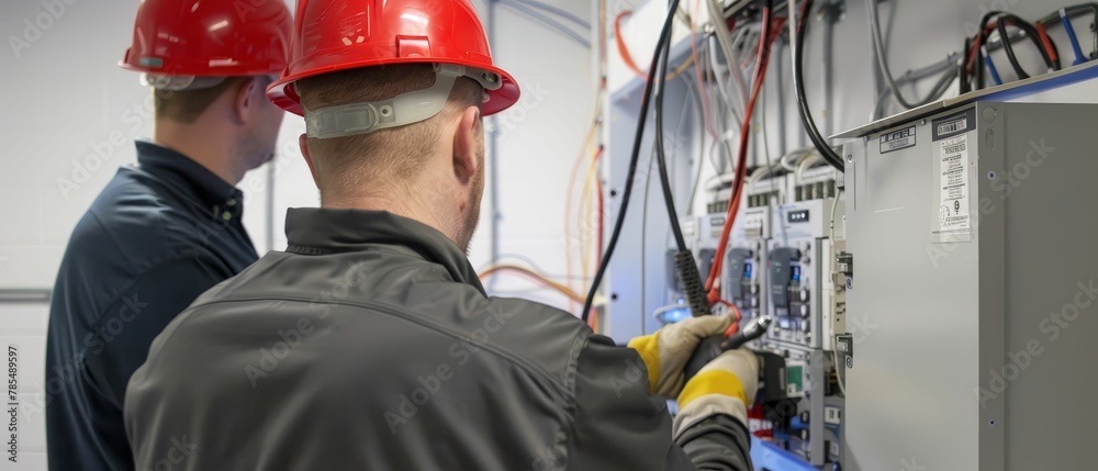 Electricians wiring a new development, critical infrastructure, focused Electricians wiring a new development, critical infrastructure, focused