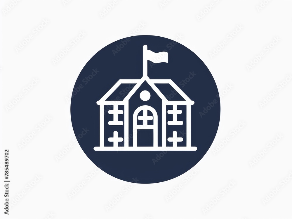 logo, simple line art of simple school building icon, navy blue circle background, white outline logo, simple line art of simple school building icon, navy blue circle background, white outline