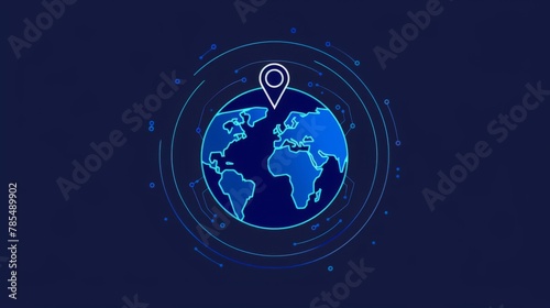 Global Network Location Icon: Earth with Pins，navy blue circle with white outline