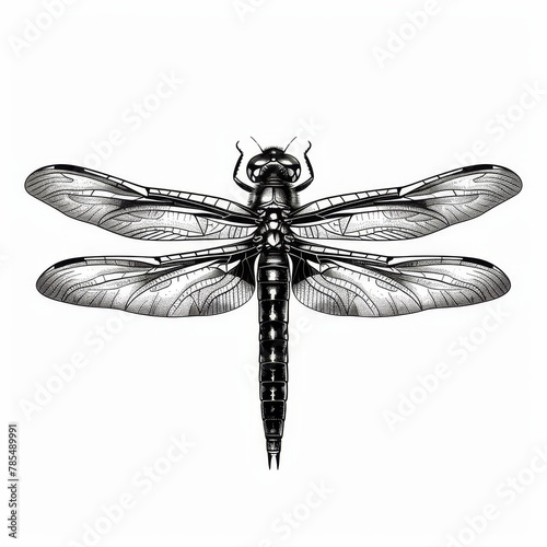 A black and white illustration of a dragonfly with intricate details. © Songsak