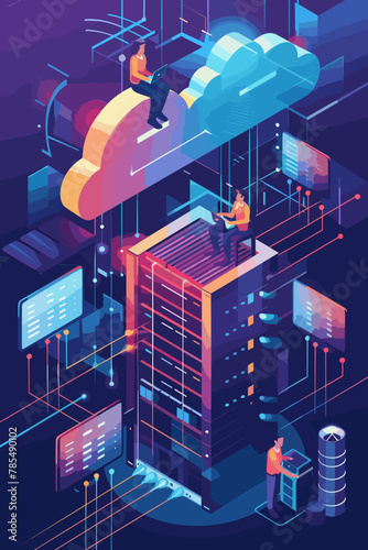 Secure Cloud Data Storage - IT Administrator and Developer Team Collaborating to Manage and Backup Files on Remote Server, Online Computing Technology Concept Illustration © Jane