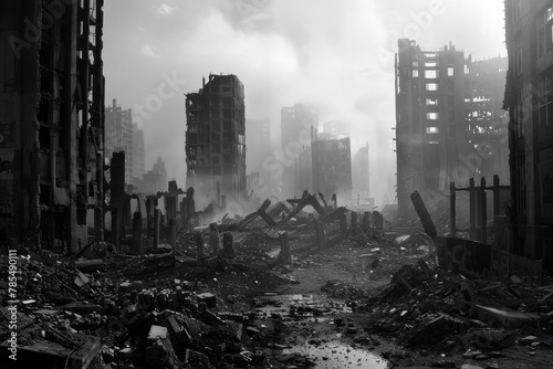 apocalyptic image of a city destroyed by missile and bomb attacks in a war photo