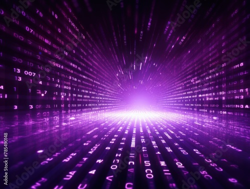 Violet abstract binary code background with glowing light rays and digital numbers for technology concept
