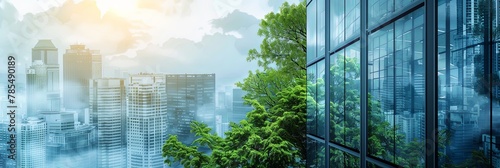 Panoramic double exposure city banner of urban downtown with green forest vegetation