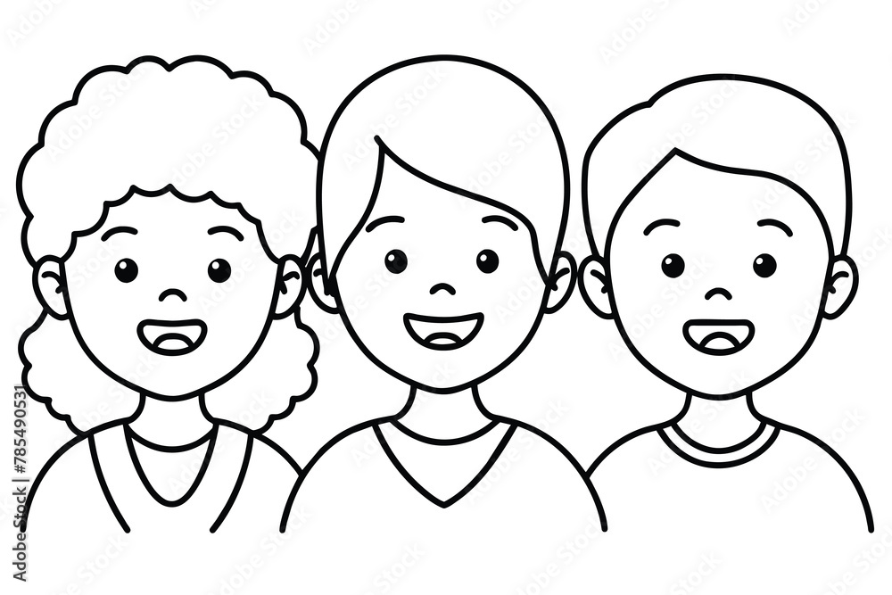 happy children smiling, line art, vector illustration