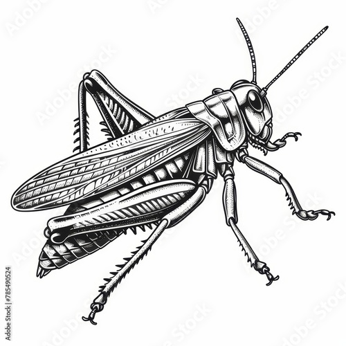 A detailed line drawing of a grasshopper. photo