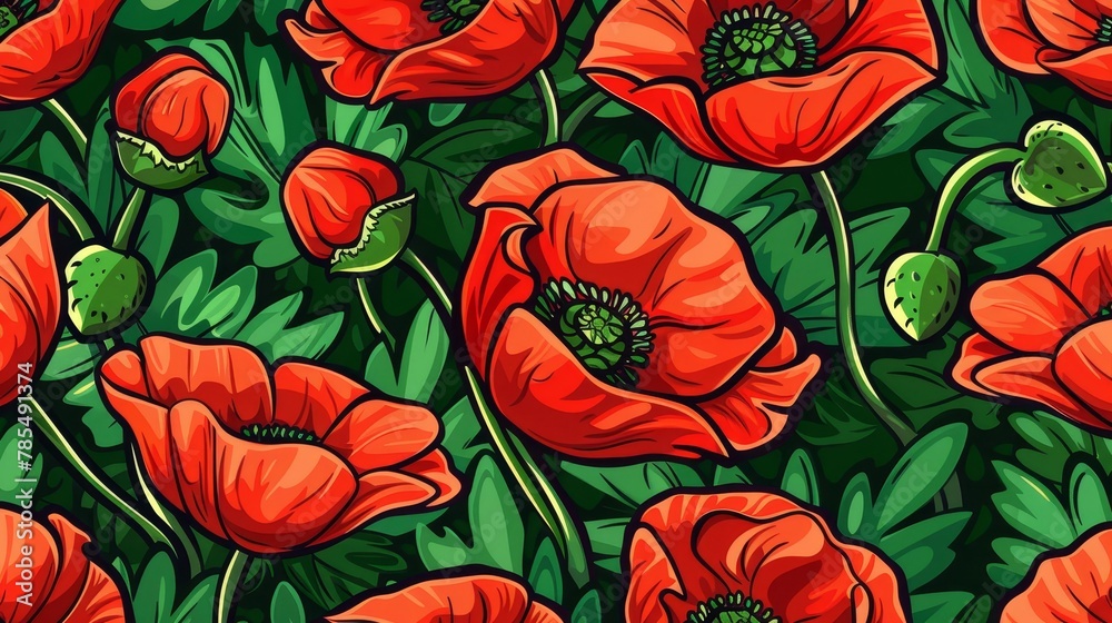 Modern illustration with poppies flowers in a seamless pattern.